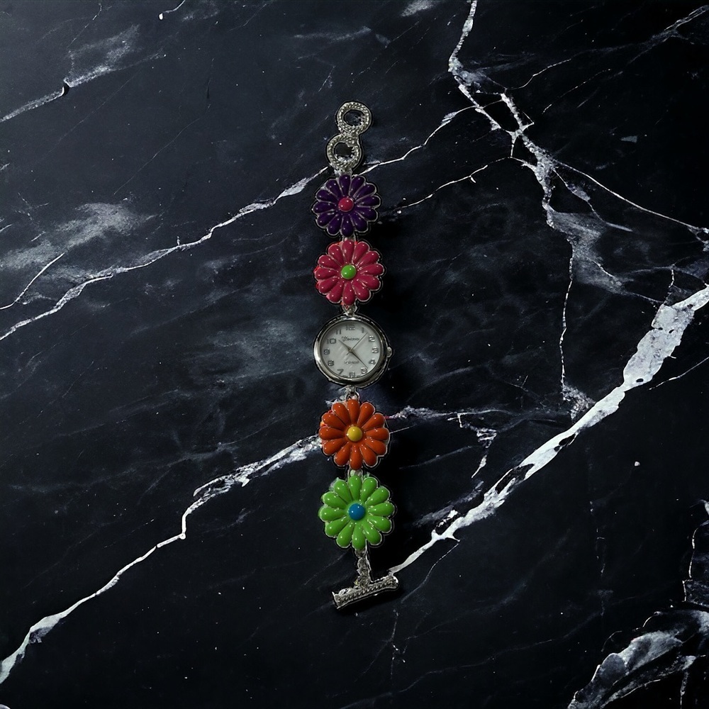 Geneva 35mm Watch 9134 Purple Red Green Orange Enamel Flower Bracelet Toggle EUC